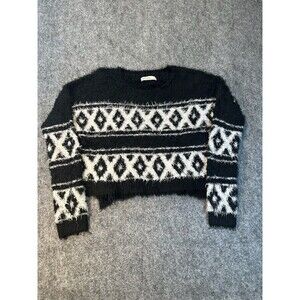 Abercrombie Fitch Girls Fuzzy Knit Sweater Size L Black White Pattern Cozy Soft